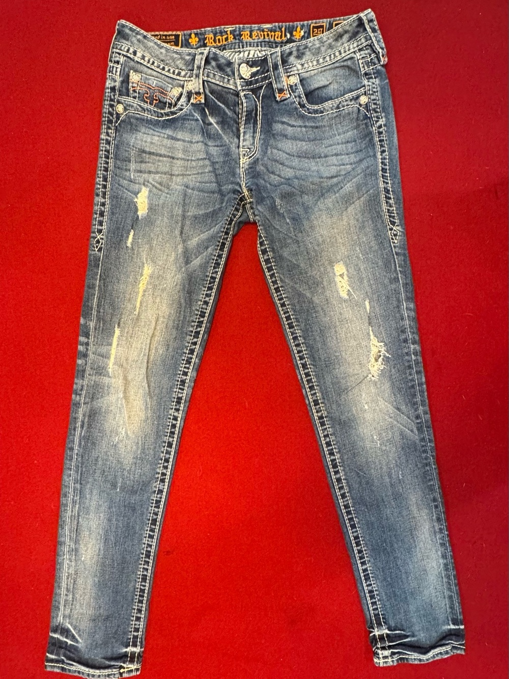 Y2K VINTAGE Rock Revival “Aileen Skinny” Distressed-Thick Stitch/Whisker Faded